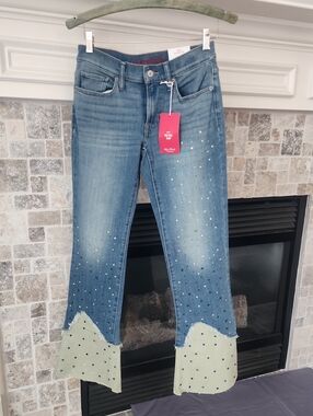 Lucky Brand Blue Denim Flare Jeans with Cream Contrast Hem and Crystal Accents
